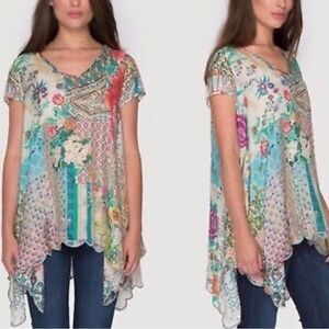 Johnny Was Boho Floral Patchwork V-Neck Women Top Size XS